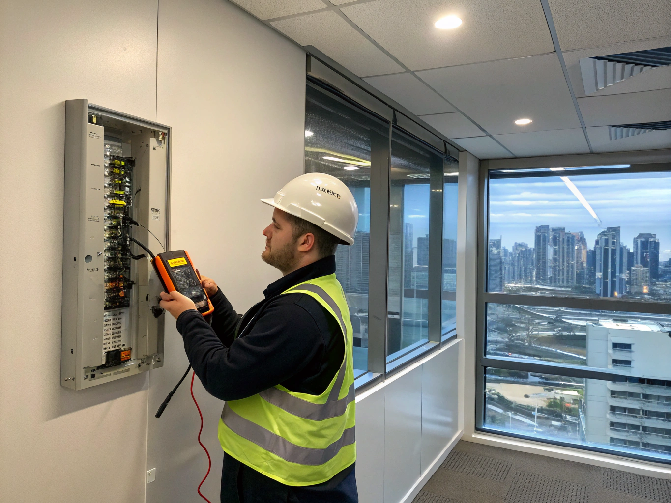 Technician conducting commercial electrical testing and data cabling in an office