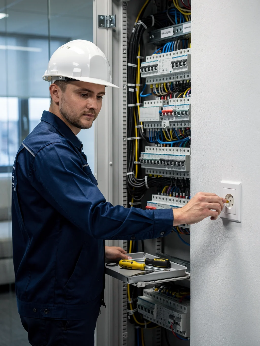 EZ Wire licensed electrician performing precise testing with diagnostic tools on a Sydney switchboard